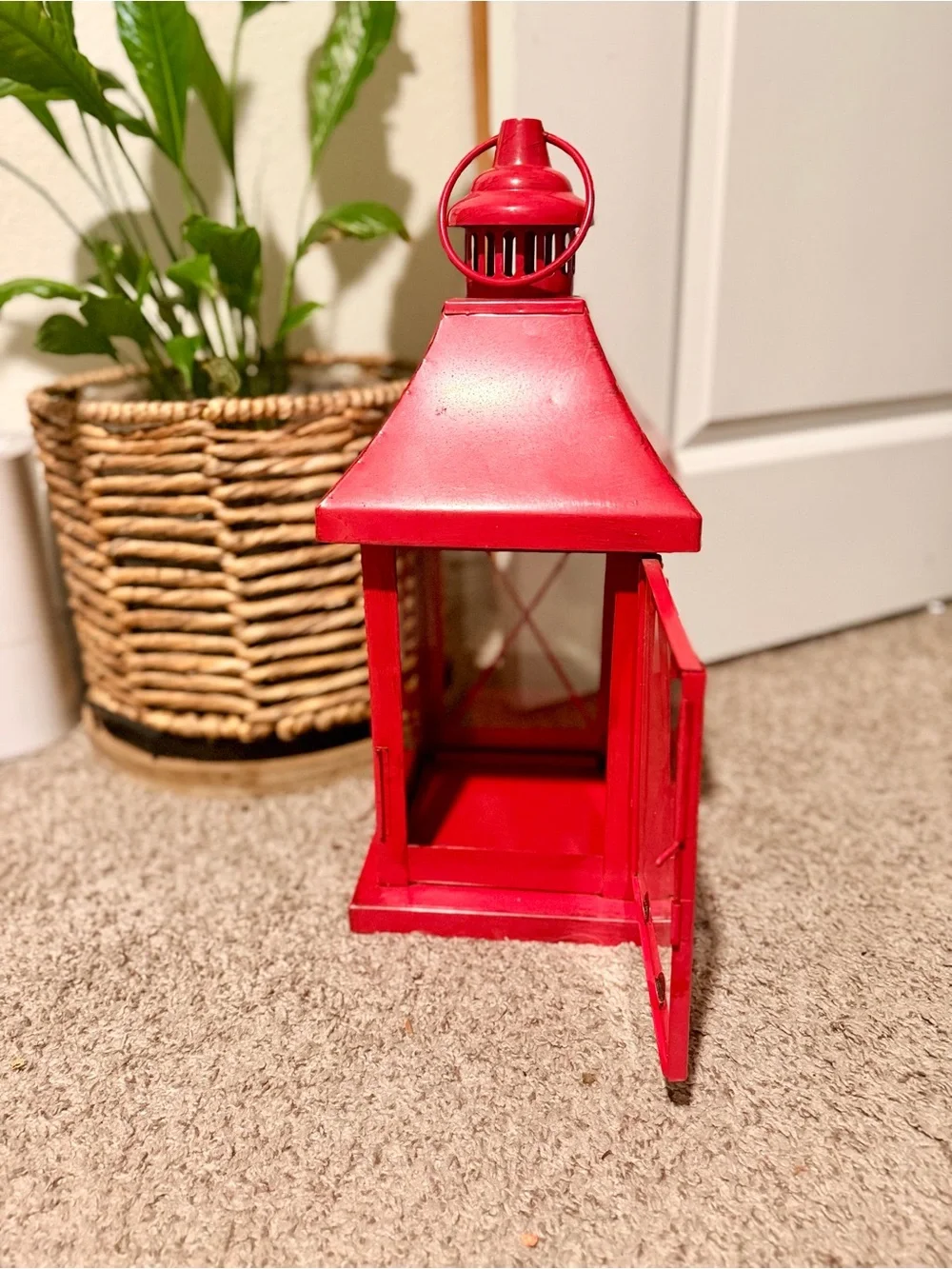 Red Metal Candle Lantern 20in Glass Panel Farmhouse Boho Decor